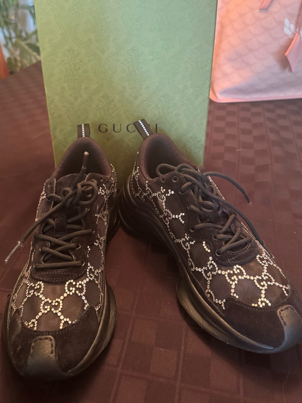 Gucci Black Monogram Beaded Lace-Up Sneakers
